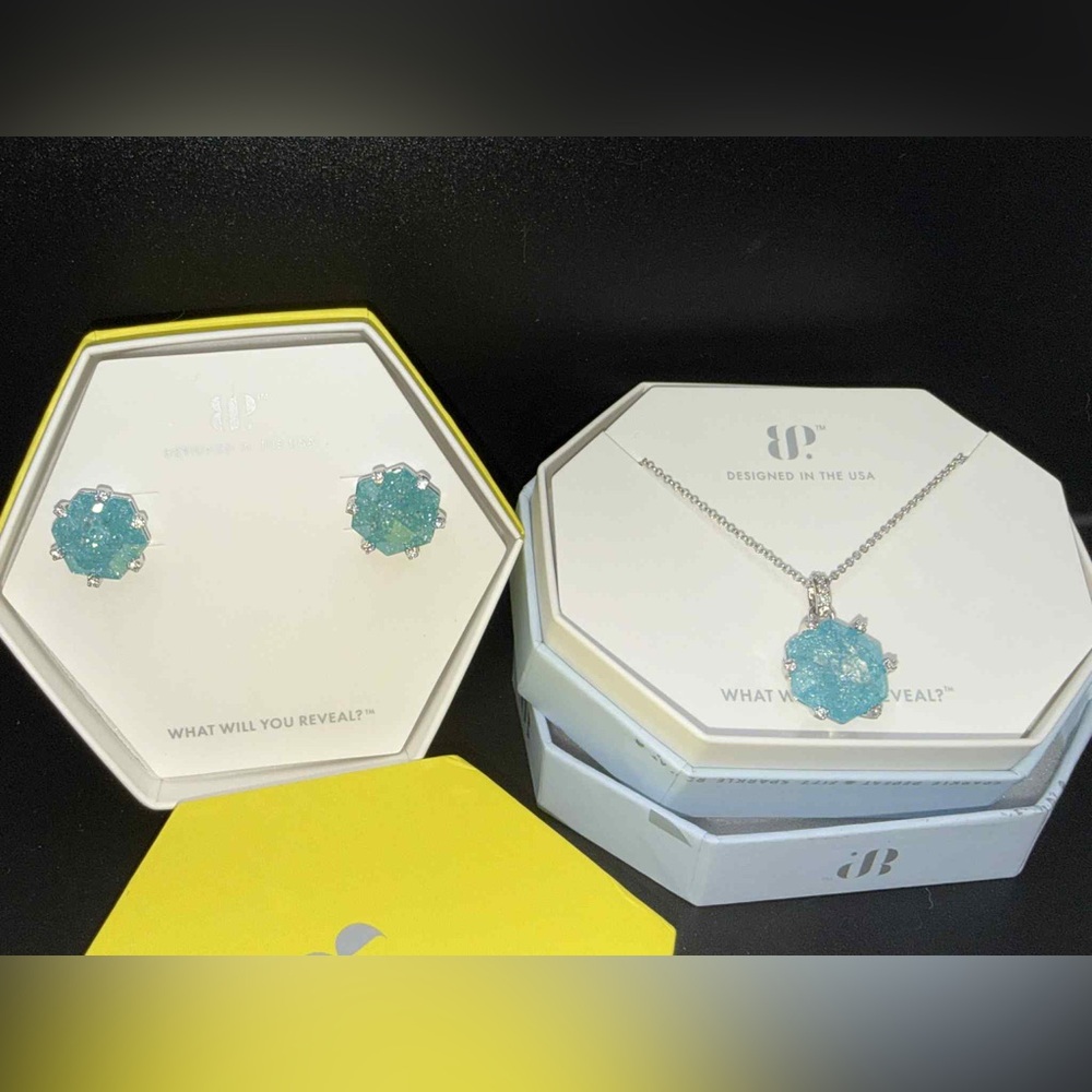 Bomb party set Blue topaz ice crystals Pendant Necklace and Earring Set